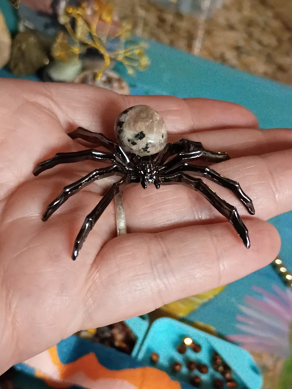 The Guardian Spider Figurine in Dalmatian Jasper.